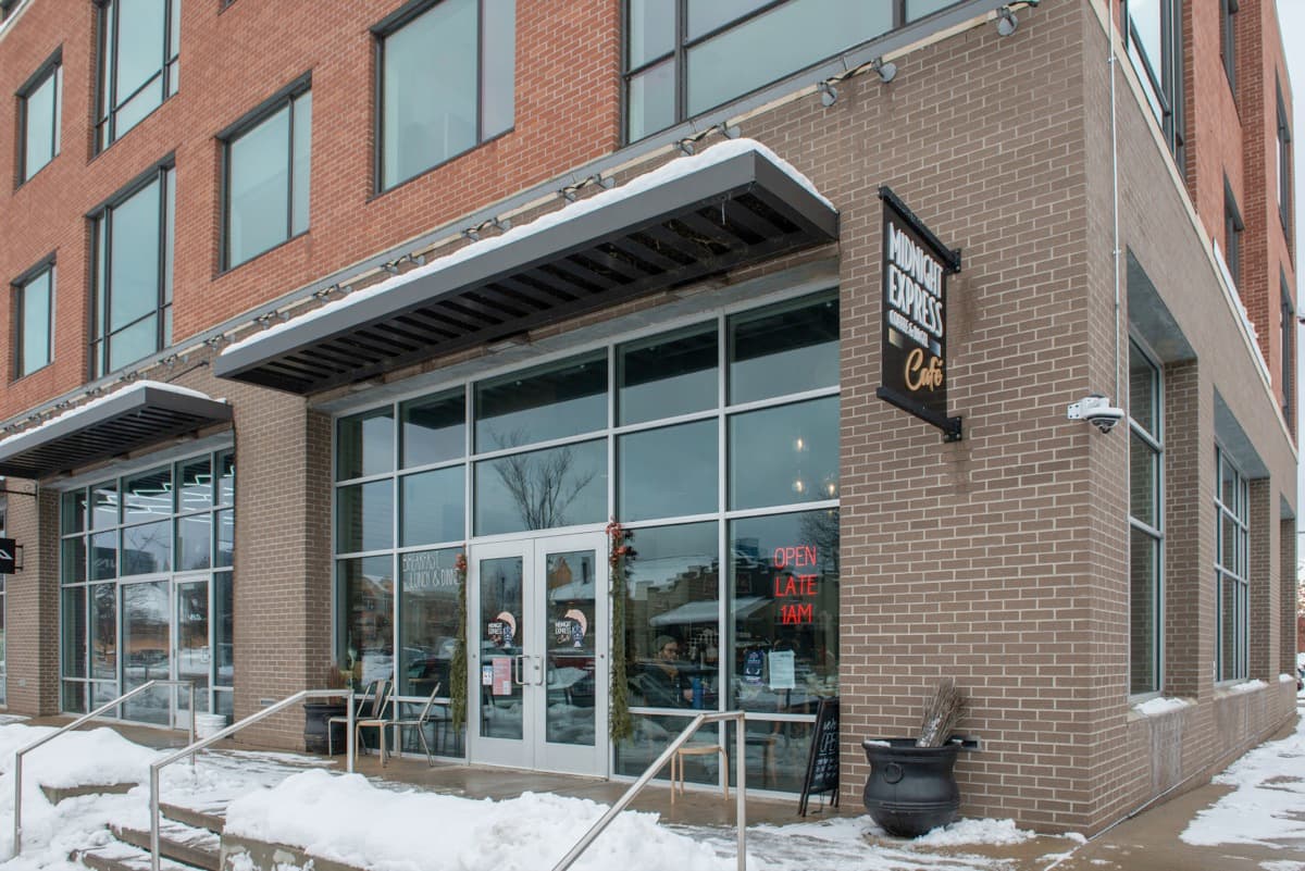 Midnight Express Cafe storefront with Open Late sign
